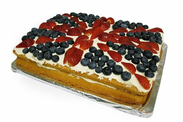 3. Union Flag Fruit Flan. Sponge with mascarpone, fromage frais & limoncello filling, with patriotically displayed fruit.jpg